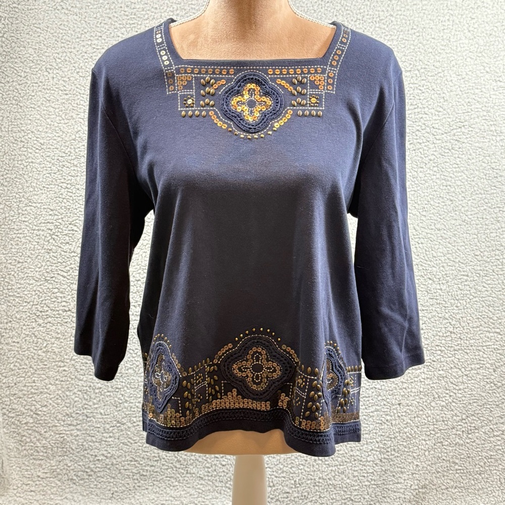 Alfred Dunner Navy Long-Sleeve Embellished Square Neck Top